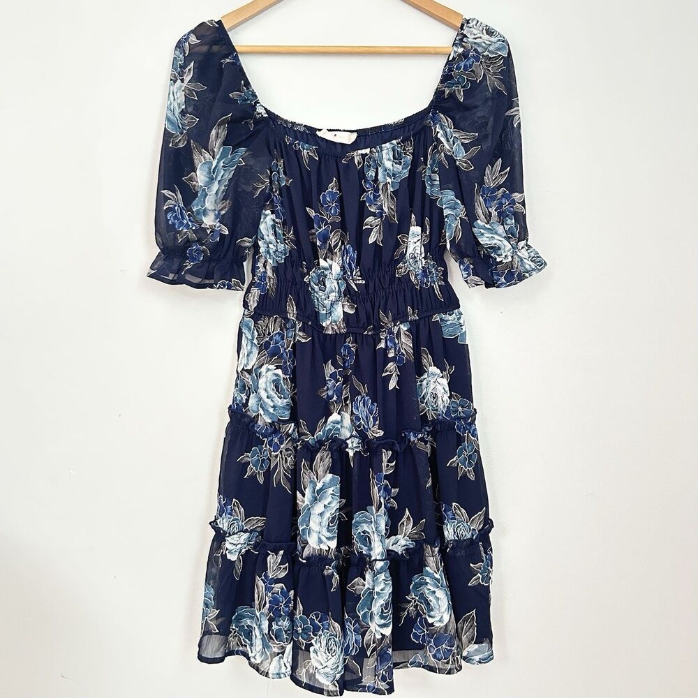 Altar'd State Blue Floral Off Shoulder Puff Sleeve Mini Dress Boho Tiered S